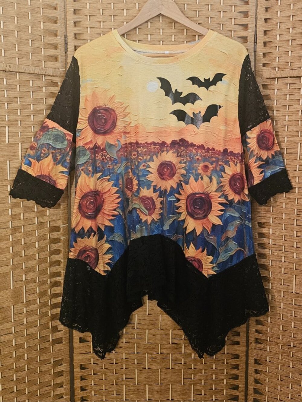 Upcycled Sunflowers Bats Halloween Top OS